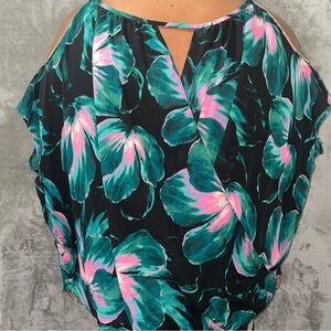 ennifer Lopez 3X Floral Faux Wrap Cold Shoulder Blouse Chain Detail Black Green